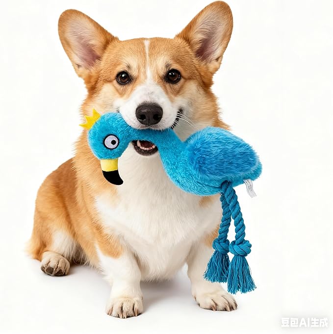 Plush Flamingo Dog Toy, Blue, Squeaky Stuffed Animal with Rope Legs, Interactive Chew Toy for Small, Medium Dogs