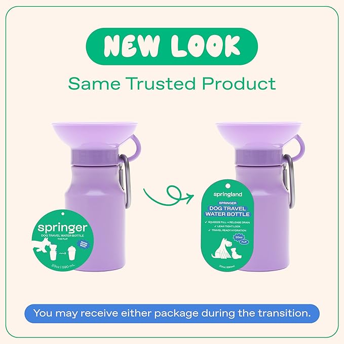 Springer by Springland Dog Water Bottle | Portable Travel Water Bottle Dispenser for Dogs | Dog Gift Seen on Oprah's Favorite Things, Shark Tank | Leak-Proof Bottles | BPA-Free 15oz Lilac