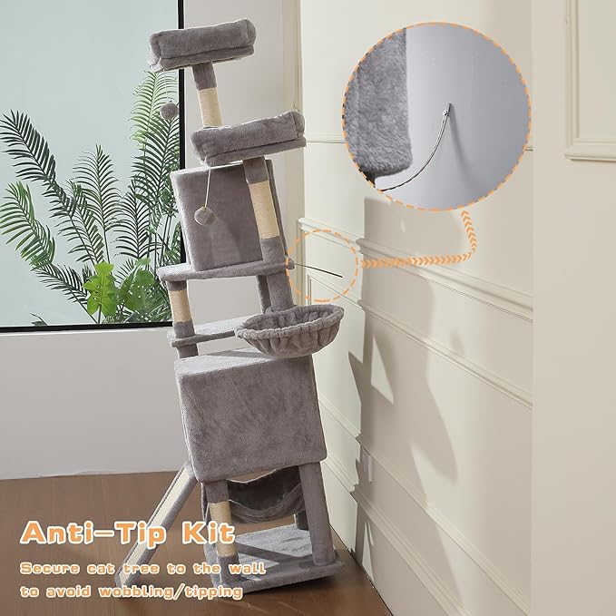 Cat Tree, 70-Inch Cat Tree Tower with Hammock, Scratching Post, Condo and Multi-Level Cat Tower, Large Cat Activity Center Playhouse, Light Gray LCT015
