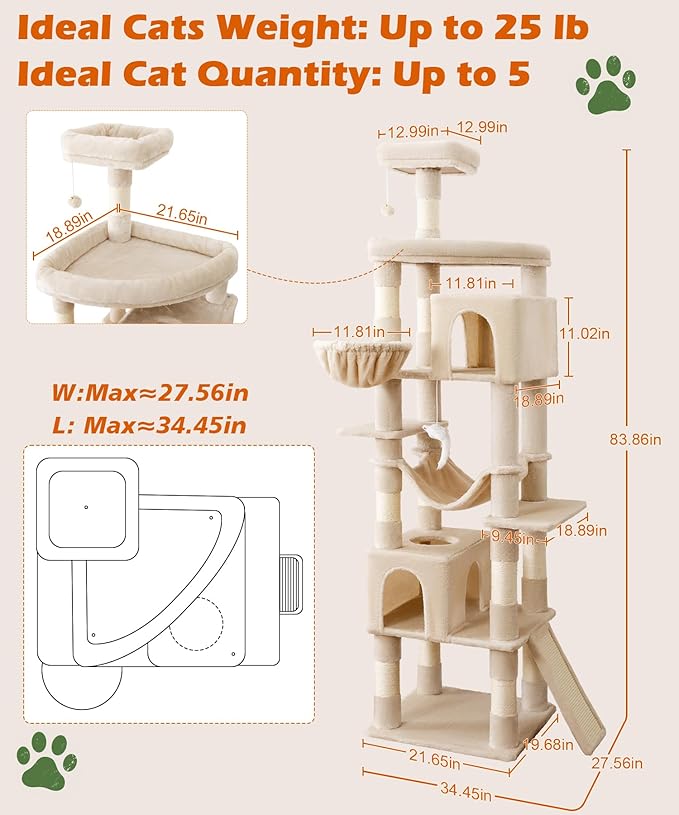 AMHANCIBLE Heavy Duty Cat Tree for Indoor Cats Large Adult 20 lbs+, 83 Inch Multi-Level Tall Cat Tower with Scratching Post and Board, Hammock, Condos, Hanging Basket, Beige, PT21BG