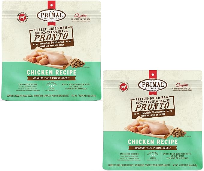 Primal Freeze Dried Dog Food, Pronto Mini Nuggets, Chicken; Scoop & Serve, Complete & Balanced Meal; Also Use As Topper or Treat; Premium, Healthy, Grain Free, High Protein Raw Dog Food(16 oz, 2-Pack)