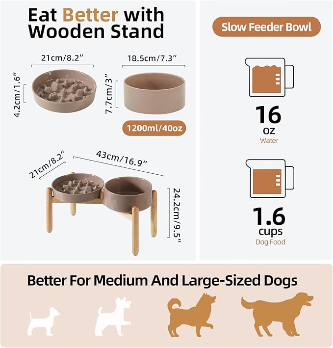 Ceramic Raised Slow Feeder Dog Bowl Set, Elevated 7.3inch Bowl and 8.2inch Slow Pet Food Dish with Wooden Stand for Medium and Large Dog (2 x Brown Coffee+ Stand)