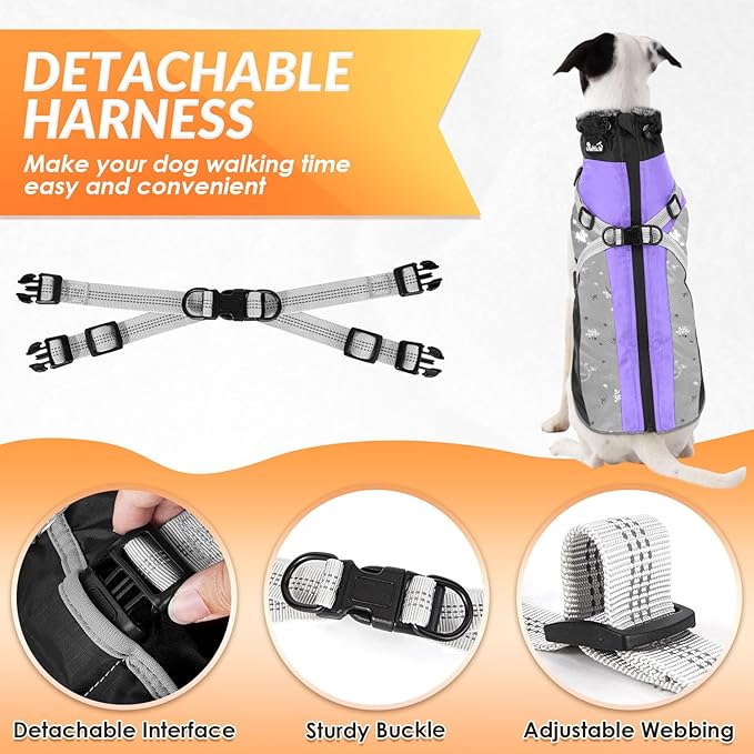SlowTon Dog Jacket with Harness Built in - Waterproof Fleece Winter Warm Dog Coats for Small Medium Dogs, Reflective Adjustable Furry Puppy Vest Clothes for Outdoor Walking (PU, XS)