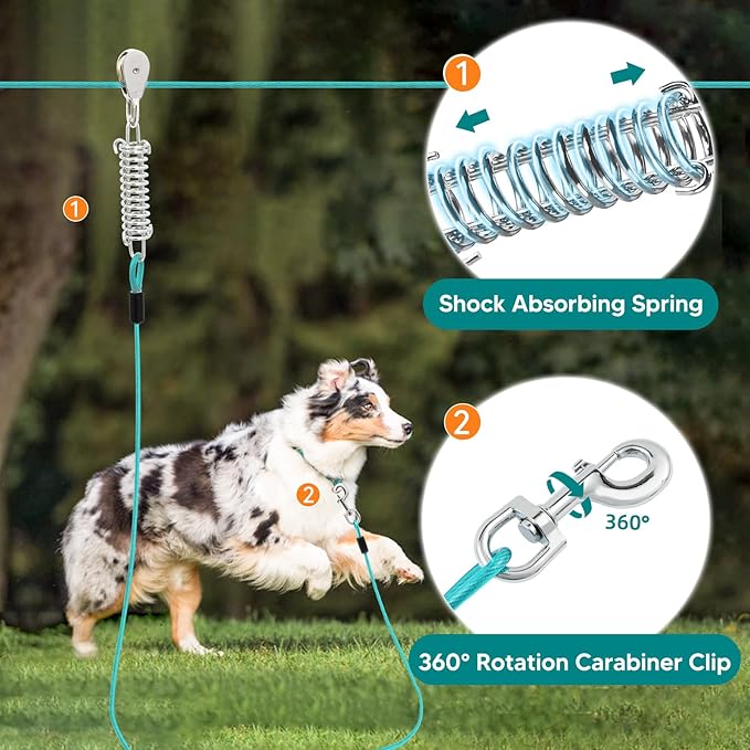 100FT Dog Runner for Yard with 15FT Tie Out Cable - Heavy Duty Trolley System for Large Dogs Up to 250LBS, Backyard/Park/Camping Use (Ice Blue, 100FT+15FT)