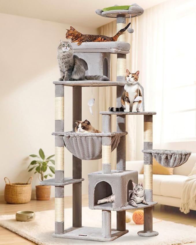 Taoqimiao 83In Heavy Duty Cat Tree, Suitable 20lb+ Large Cats, XXL-Cat Tower for Indoor Cats Large Adult, 2 Luxurious Cat Cando with 8 Scratching Posts,Oversized Metal Hammocks, Light Gray MS032W