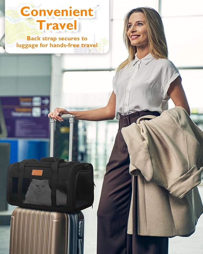 PETUX TSA Approved Pet Carrier in Cabin - 17"x11"x9.5", Underseat, Soft Sided Cat Carriers with Safety Zippers and Anti-Scratch Mesh for Small Cat up to 12 lb, Ideal for Travel and Vet Visit, Black
