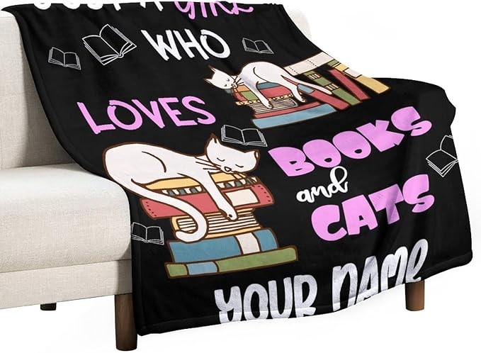 Personalized Cat Blanket Gifts with Name - 50"x60" Cute Throw Blanket for Adults Kids - Black Soft Plush Throws for Bed, Couch & Travel