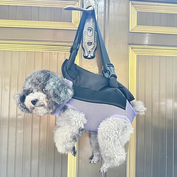 Pet Dog Carrier Backpack, Portable Breathable Mesh Chest Carrier, Polyester Woven Double Shoulder Pet Bag for Outdoor Adventures (Purple, Small)