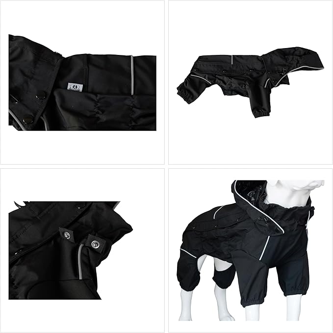 LOVELONGLONG Waterproof Dog Raincoat with Removable Hood – Outdoor Full Body Dog Jacket, Windproof Snowproof Shell Suit – All Season Pet Rain Gear Black 4XL