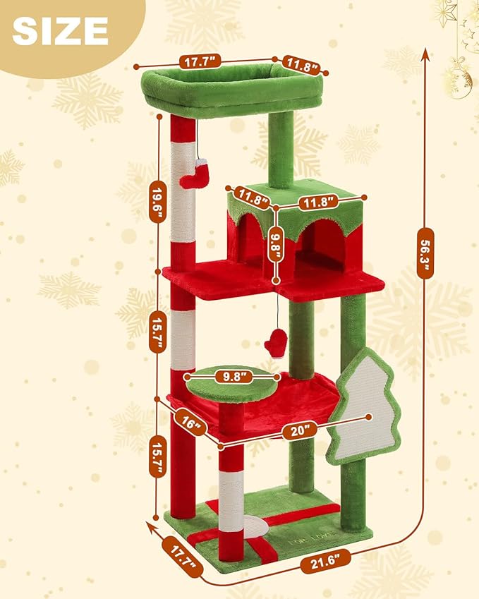Cat Christmas Tree for Indoor Cats – 56.3“ Cat Proof Christmas Tree Tower with Large Hammock, 3 Scratching Posts & 3 Christmas Toy Balls – Holiday Cat Tree with Festive Decor, Christmas Red