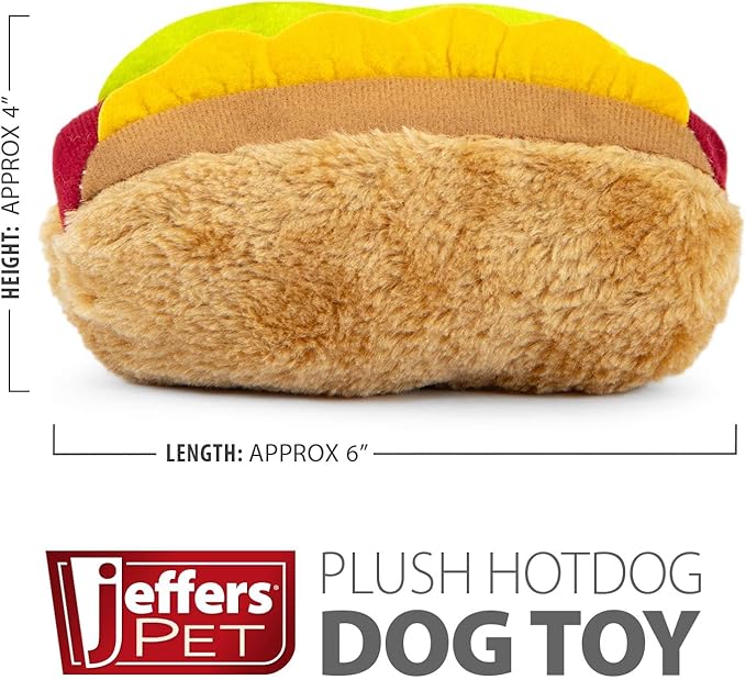 Jeffers Pet Plush Dog Toy with Squeaker, Hotdog 5 1/2" - Soft Crinkle Fabric, Safe & Durable, Healthy Fun for Small & Medium Dogs, Interactive Play, Fetch, Tug - Best Gift for Active Games