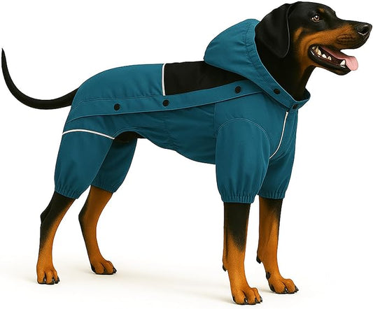 LOVELONGLONG Waterproof Dog Raincoat with Removable Hood – Outdoor Full Body Dog Jacket, Windproof Snowproof Shell Suit – All Season Pet Rain Gear Ocean Teal S+