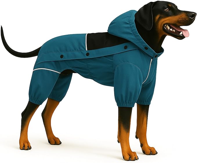 LOVELONGLONG Waterproof Dog Raincoat with Removable Hood – Outdoor Full Body Dog Jacket, Windproof Snowproof Shell Suit – All Season Pet Rain Gear Ocean Teal XL