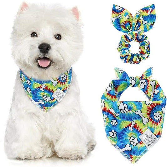 E-Clover Rainbow Dog Bandanas & Matching Scrunchie Set Girl Cute Pride Dog Scarf Bibs Pet Bandana with Bow Tie for Small Dogs Puppy Owner Mom Spring