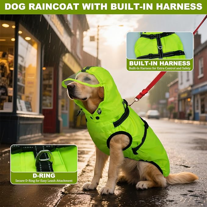Dog Raincoats for Large Dogs with Hood, Waterproof Dog Rain Coat with Adjustable Built-in Harness & Back Zipper, Reflective Strip, for Rainy Walks, Muddy Roads - Fluorescent Green L