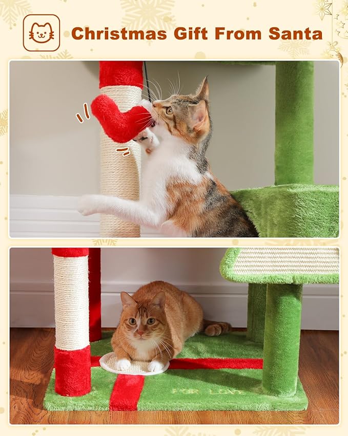 Cat Christmas Tree for Indoor Cats – 56.3“ Cat Proof Christmas Tree Tower with Large Hammock, 3 Scratching Posts & 3 Christmas Toy Balls – Holiday Cat Tree with Festive Decor, Christmas Red