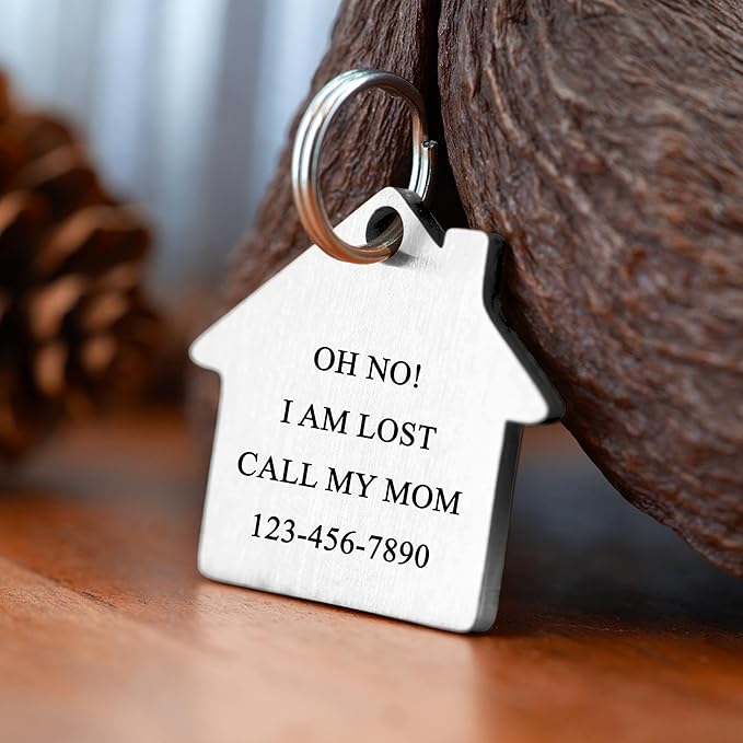 Ultra Joys Cat ID Tag Personalized Pet Tags, Durable Stainless Steel Small Pet Mini Dog Cat Tag Lightweight - House Tag in Silver