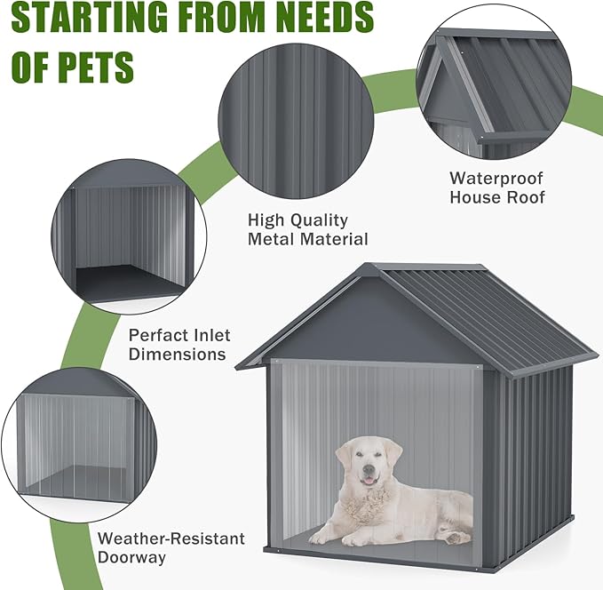 Erinnyees 45" Dog House Outdoor with Door Curtain and Weatherproof Puppy Shelter, Anti-Chewing Iron Frame, Sturdy and Long-Lasting Dog Tent for Medium Large Dogs