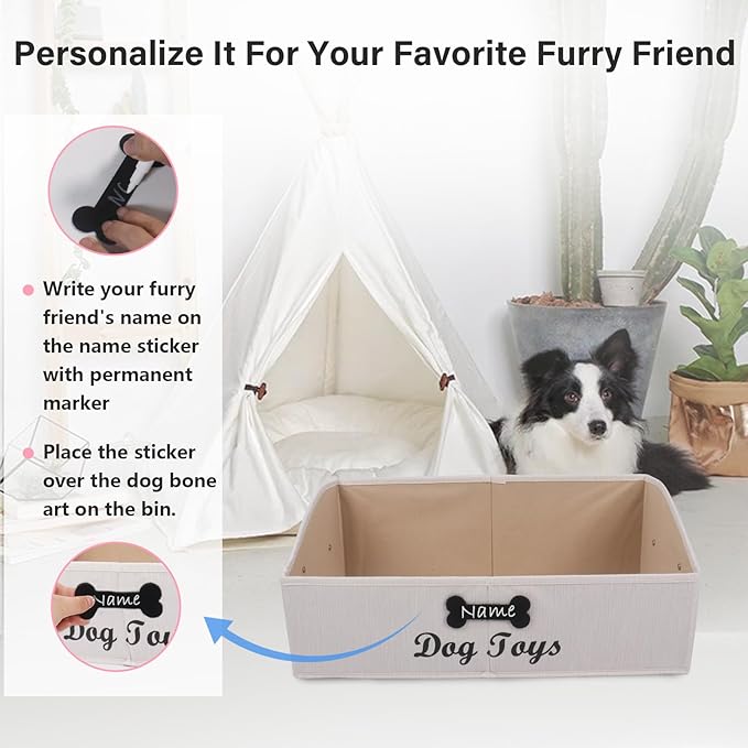 Collapsible Dog Toy Box - Fabric Storage for Toys/Blankets/Leashes - Personalizable - Slub Beige