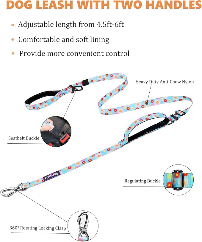 Hotsky Heavy Duty Dog Leash,4.5-6 FT Adjustable Durable Nylon Seatbelt Lead with Two Padded Traffic Handle and Carabiner for Large Medium and Small Breed Dogs,Daisy