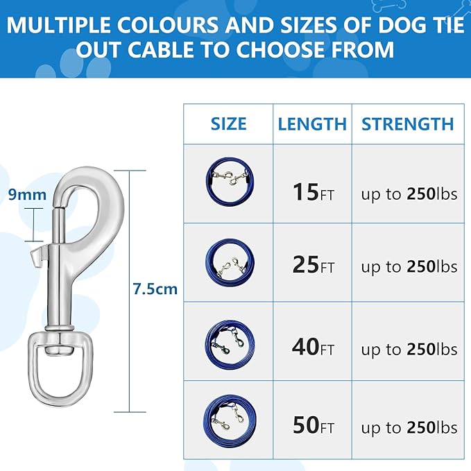50FT Tie Out Cable for Dogs Up to 250 Pounds, Heavy Duty Lead for Large Dogs, Runner for Yard Outdoor and Camping, Blue