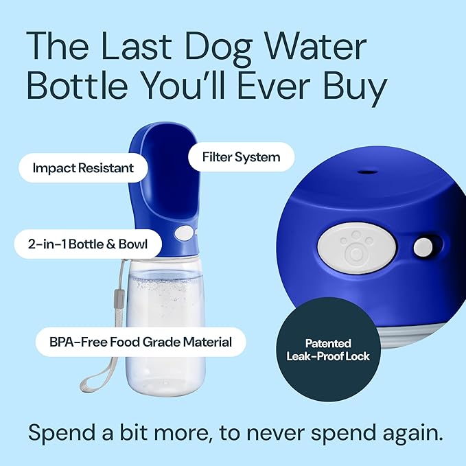 MalsiPree Stainless Steel Dog Water Bottle - 19 oz, Navy Blue - One-Hand Leak-Proof Hydration & Pet Water Dispenser - Built-in Travel Bowl & Travel Pet Bowl - BPA-Free Steel for Dog Camping