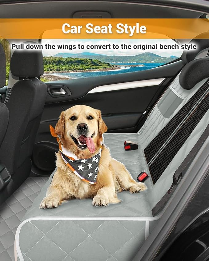 Dog Car Seat Cover, 600D Heavy Durable Dog Seat Cover for Back Seat, 100% Waterproof Scratch Proof Nonslip Dog Hammock for Car with Side Flap, Pet Back Seat Covers for Cars with SeatBelt Gray