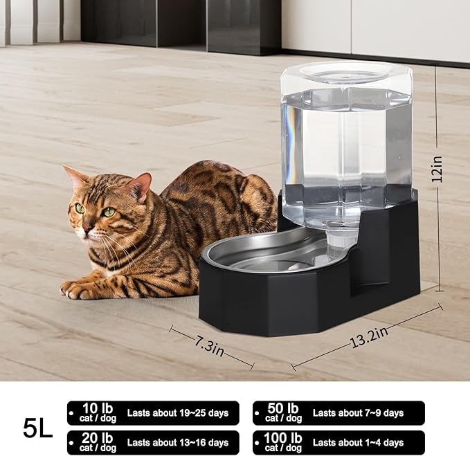 Sfozstra Gravity Water Bowl Dispenser : Automatic 5L Black Cat Stainless Steel Feeder Without Filters - for Dogs with Joint Problems - Suitable in Garage Bedroom