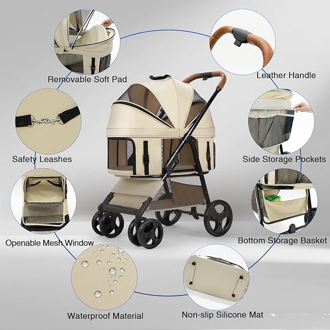 4 Wheels Pet Stroller for Small/Medium Dogs and Cats with Detachable Carrier and Storage Basket,One Click Folding, Compact Portable,3 in1 Multifunctional (Grey)