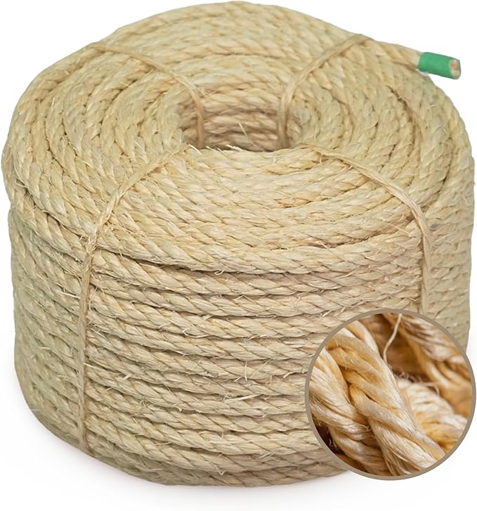 Premium Brazilian Sisal Rope, Natural Fiber 100% Sisal, Ultra Durable, Chemical-Free, Ideal for DIY, Cats, Scratching Post Replacement, Home Decor, Garden, Crafting (1/4” 100 ft / 6mm 30m)