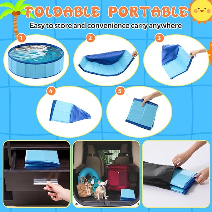 Chunful Foldable Dog Pool with Storage Bag, 24 x 8 Pet Swimming Pool Hard Plastic Portable Bath Tub for Dogs, Cats, Backyard, Beach, and Summer Play, Indoor & Outdoor Use (Blue)