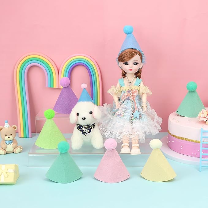 12pcs Mini Party Hats for Stuffed Animals, Macaron Hats Party for Dolls Dog Cat Rabbit Puppies Birthday Party Cone Hats Photo Prop