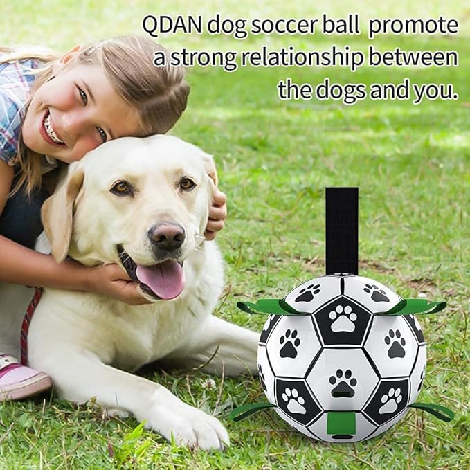 QDAN Dog Toys, Soccer Ball with Straps, World Cup Interactive Toys for Tug of War, Puppy Birthday Gifts, Water Toy, Durable Dog Balls for Medium Large (8 Inch)