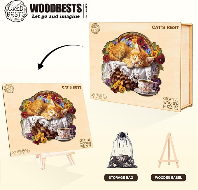 KAAYEE Wooden Puzzles for Adults, Cat’s Rest Puzzles, 85 Piece Unique Animal Shape Puzzle, Cat Wood Puzzle for Adults, Creative Gifts for Cat Lover/Friends/Family, Home Decor(8.5 * 7.2in)