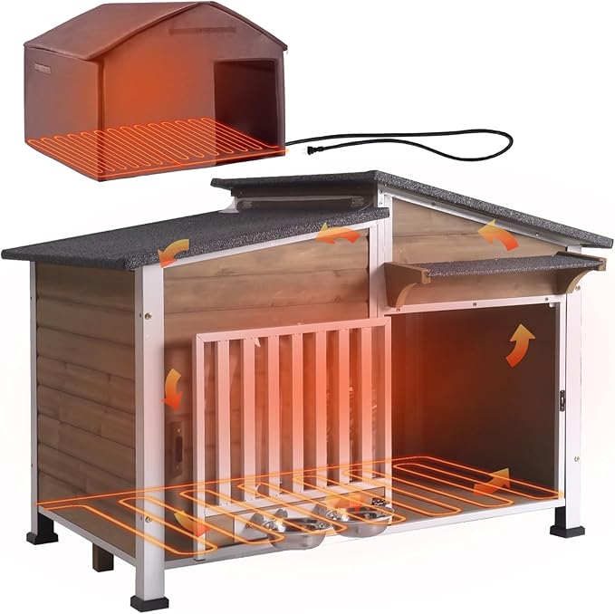 GUTINNEEN Heated Dog House Outdoor Dog Kennel with Safe Heated Pad, Chew-Proof Metal Frame and Rotating Food Bowl for Small to Medium Dogs, 39.7"x25.5"x32.2" (Light Brown)