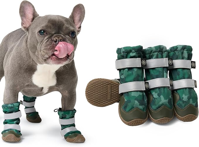 Spark Paws Dog Shoes, Waterproof Dog Boots for Medium to Large Dogs, Non Slip, Breathable Dog Booties and Paw Protectors - 4PCS Doggie Hiking Boots with Reflective Straps, Green Camo, Size 2