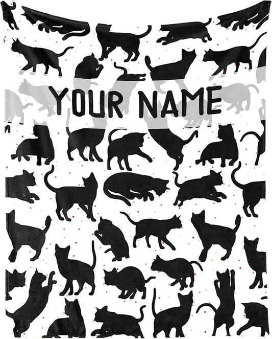 Personalized Cat Blanket Gifts with Name - 50"x60" Cute Throw Blanket for Adults Kids - Black Soft Plush Throws for Bed, Couch & Travel