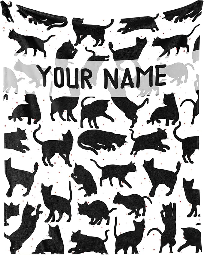 Personalized Cat Blanket Gifts with Name - 30"x40" Cute Throw Blanket for Adults Kids - Black Soft Plush Throws for Bed, Couch & Travel