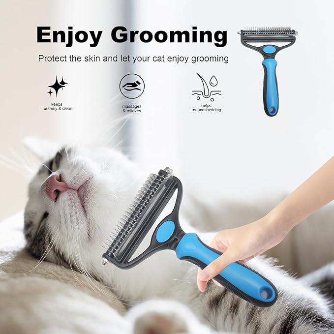 Pet Grooming Set – Deshedding Hair Brush & 2 Finger Toothbrushes – Perfect for Dogs & Cats (blue)