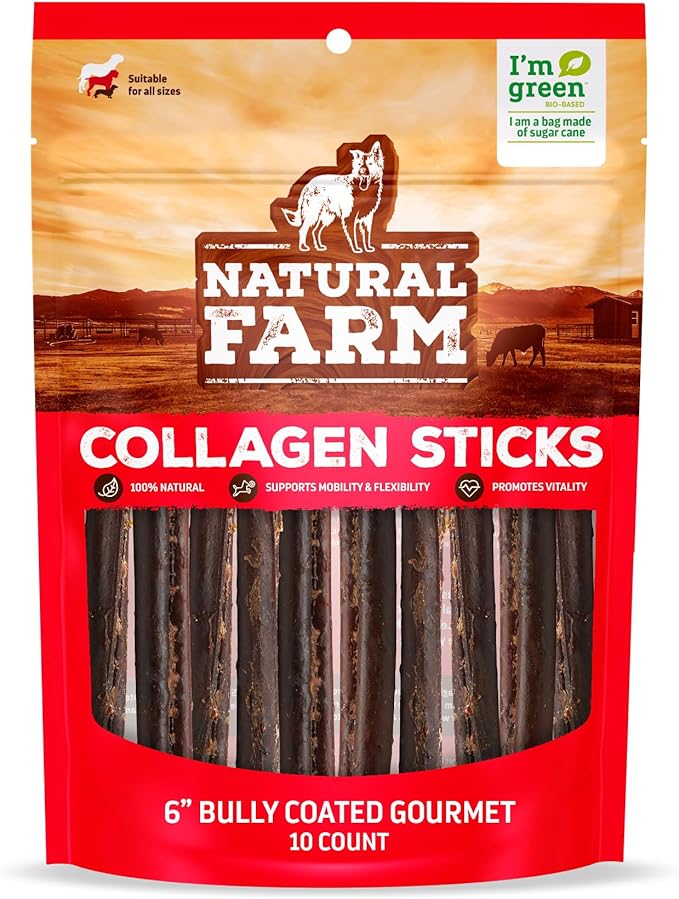 Natural Farm Odor-Free Bully Coated Gourmet Collagen Sticks (6 Inch, 10 Pack), Real Bully Beef Coated, 95% Natural Collagen, Supports Healthy Joints, Skin & Coat - Best for Small & Medium Dogs
