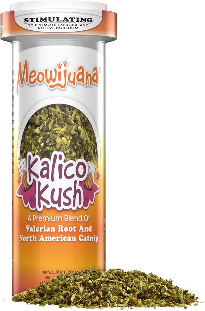 Meowijuana Good Vibes Kalico Kush | Valerian Root and Catnip Blend | Large Bottle High Potency Blend | Premium Hand Harvested North American Catnip
