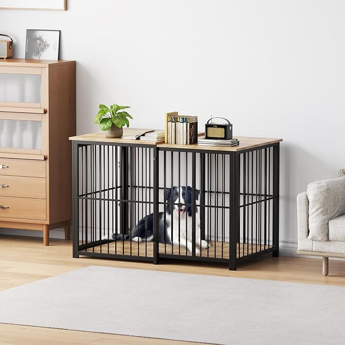 Large Dog Crate Furniture for Large Dogs, Retractable Dog Kennel Furniture, Wooden Dog Kennel Indoor, Heavy-Duty Dog Cage Furniture with 3 Levels of Adjustable Size,45.6" L, XL, Light Brown