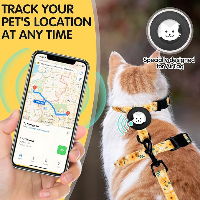 BINGPET Cat Harness and Leash Set Escape Proof for Walking,Adjustable Kitten Harness with Airtag Holder for Small Medium Large Cats (Yellow Flower Print,Neck:8"-12",Chest:12.5"-18")