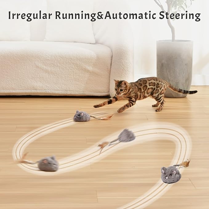 Automatic Cat Toy Cat Mouse Toy Moving Cat Toy with Furry Tail Boredom Busters Interactive Cat Toys for Indoor Cats Hunting Cat Mice Toys (Grey)
