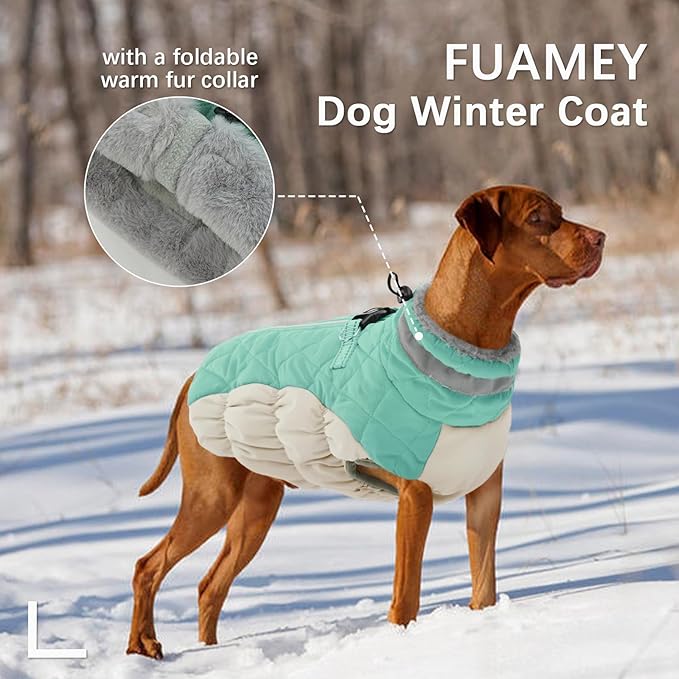 FUAMEY Dog Coat for Large Dogs,Waterproof Dog Winter Jacket with Harness Built in Puppy Cold Weather Coats Reflective Pet Vest with Zipper Warm Fleece Dogs Snowsuit Windproof Mint Green XXXL