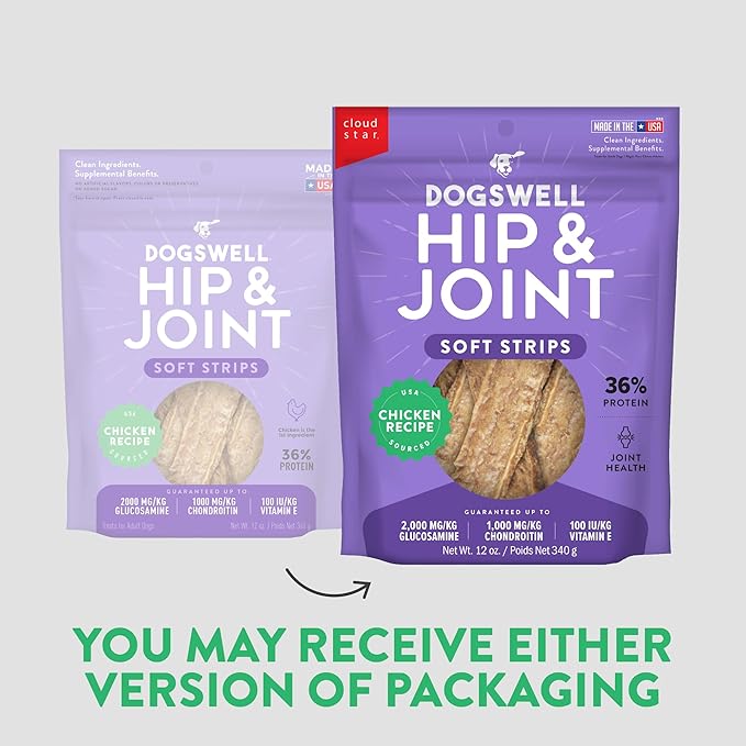 DOGSWELL Hip & Joint Dog Treats 100% Meaty, Grain Free, Glucosamine Chondroitin & Omega 3, Chicken Soft Strips 12 oz