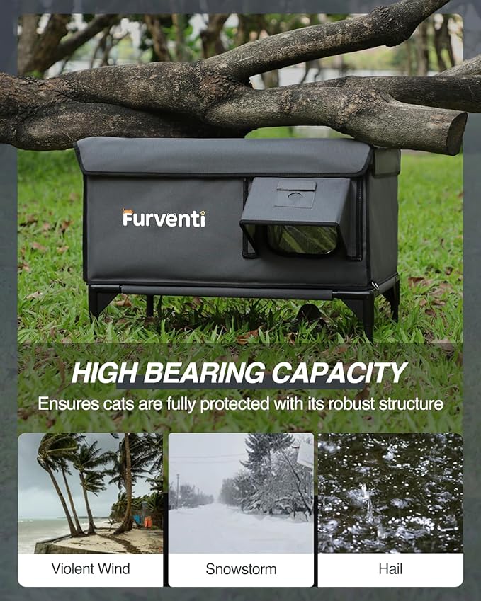 Heated Cat House for Outside,Dual Camera Mounts,100% Weatherproof & Extremely Insulated,Elevated Feral Cat Shelter with Escape Door,Waterproof Eaves for Outdoor Stray Barn Cat(Dark Grey,S)