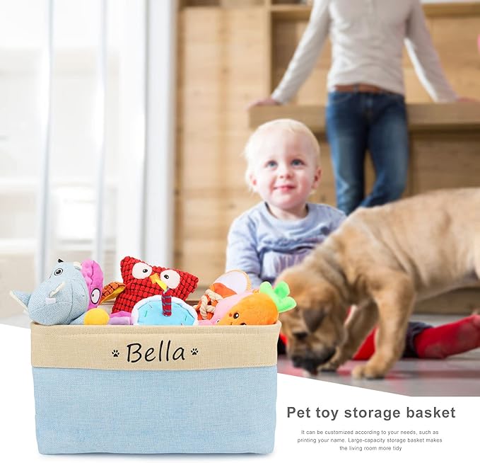 Personalized Dog Toy Box, Dog Toy Basket Storage with Cotton Handle, Customized Name and Paw Heart Print Puppy Toy Bin for Organizing Food Clothes and Pets Accessories(Paw Light Blue)