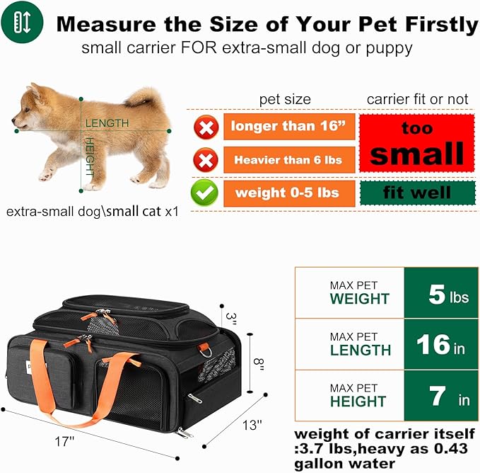 17x13x8 Frontier Allegiant Airlines Approved top Expandable pet Carrier for Extra-Small Dog/Small cat,Weight up to 5 lbs,Length Shorter Than 16''