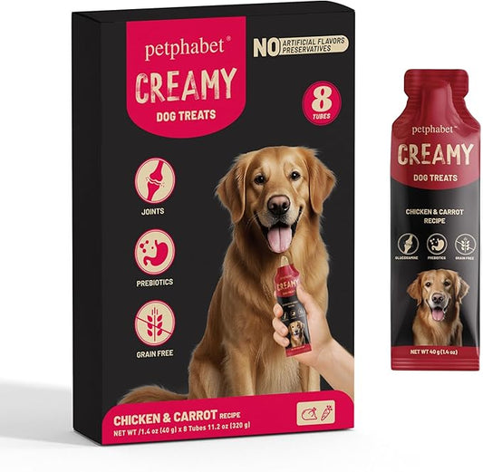 PETPHABET Lickable Squeeze Treats for Dogs, Wet Dog Food Meal Topper, Creamy Puree Dog Snacks, Puppy Pouch Treats for Training and Enrichment, Healthy Chicken & Carrot Recipe (8 ct/1.4 oz Each)